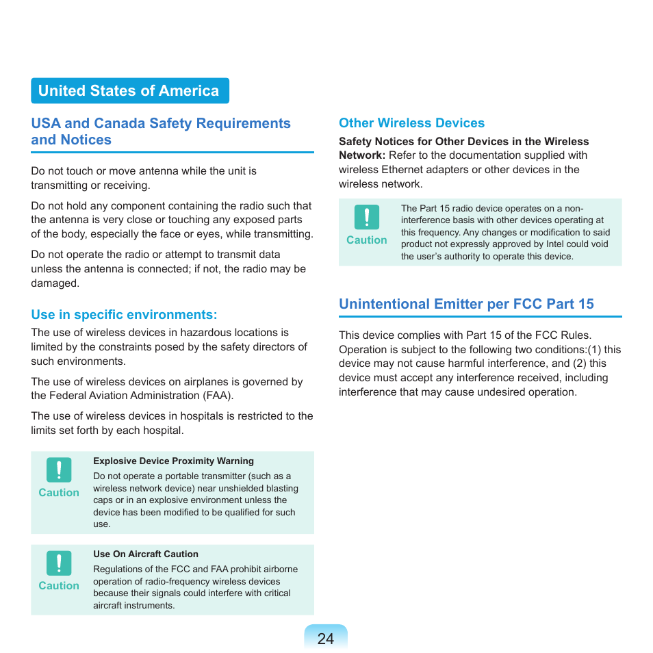 United states of america, Usa and canada safety requirements and notices, Unintentional emitter per fcc part 15 | Samsung X65 User Manual | Page 25 / 195