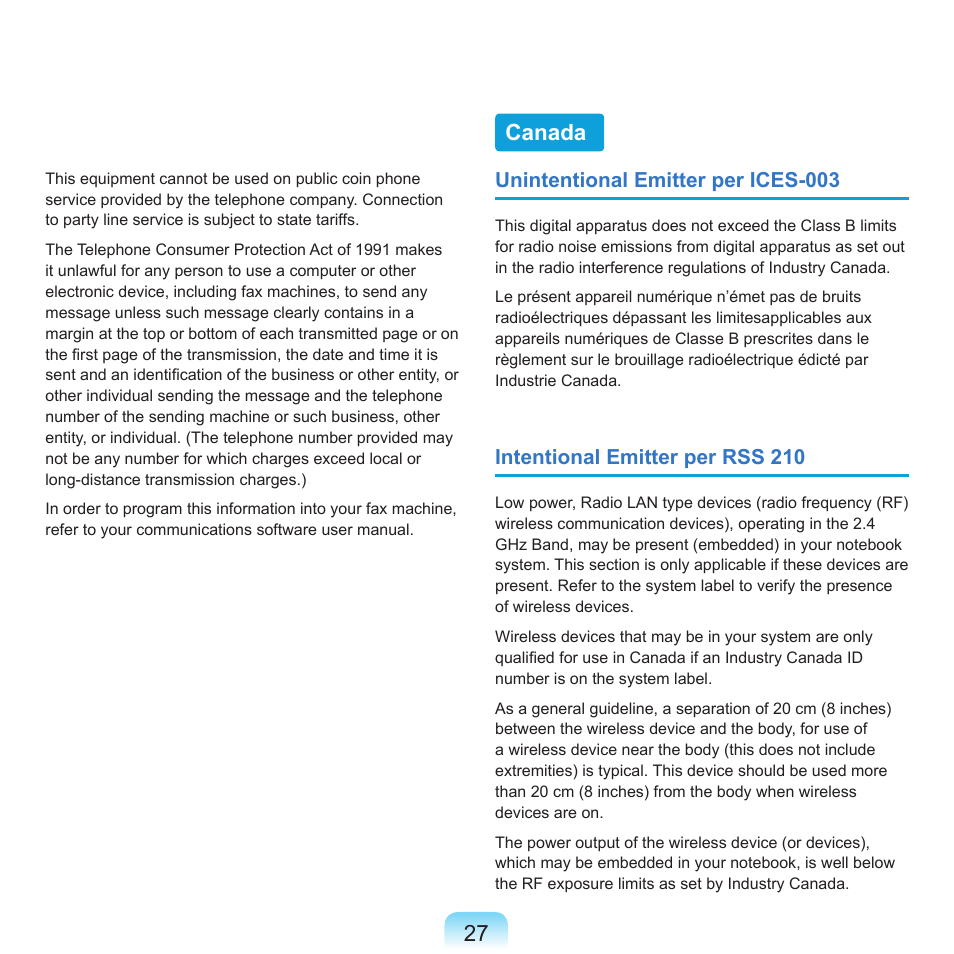 Canada, Unintentional emitter per ices-003, Intentional emitter per rss 210 | Samsung X65 User Manual | Page 28 / 195