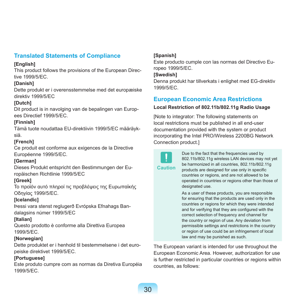 Translated statements of compliance, European economic area restrictions | Samsung X65 User Manual | Page 31 / 195