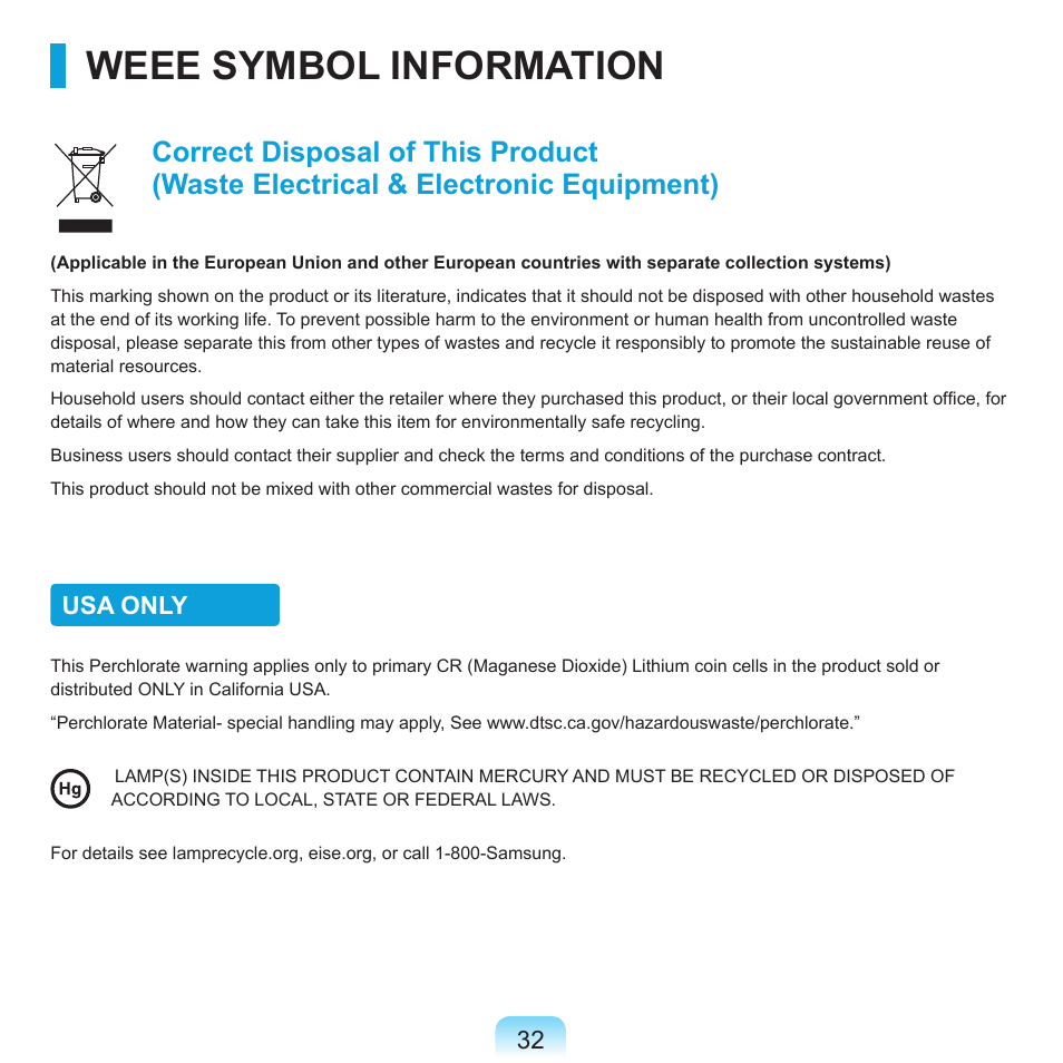 Weee symbol information | Samsung X65 User Manual | Page 33 / 195