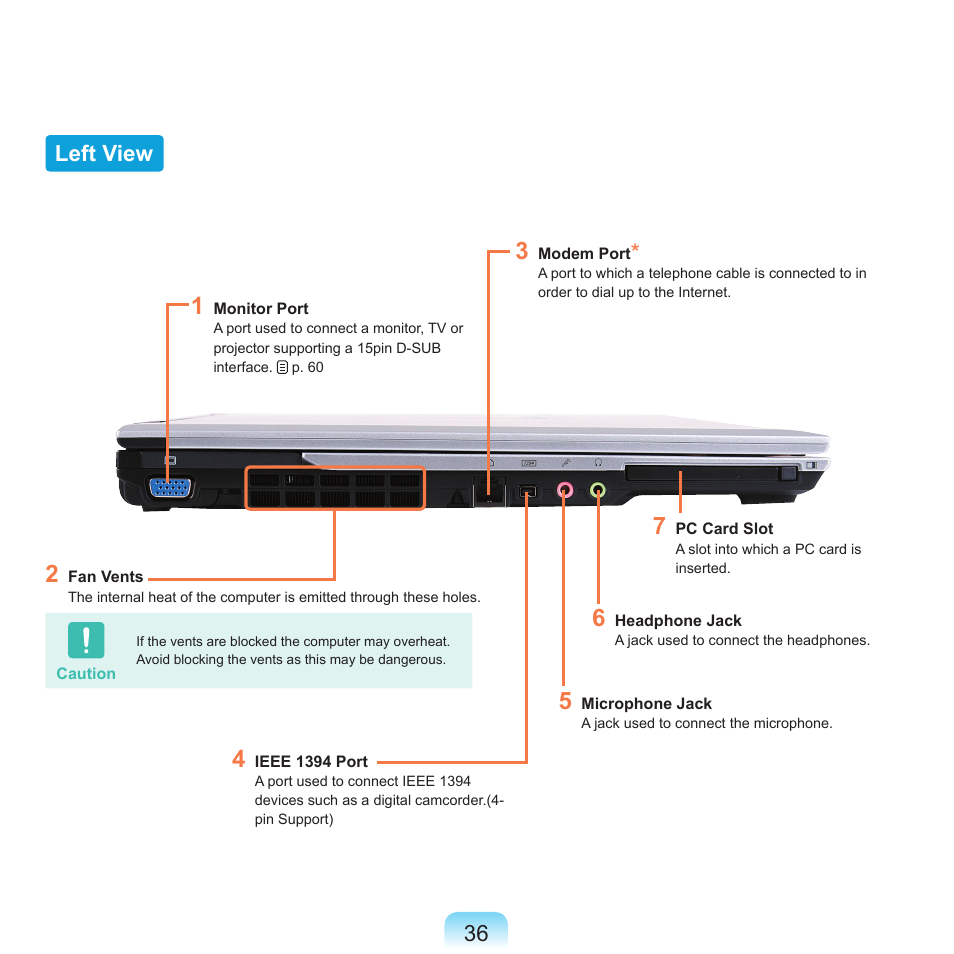 Left view, 36 left view | Samsung X65 User Manual | Page 37 / 195