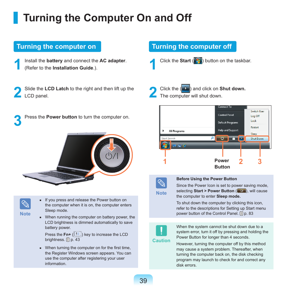 Turning the computer on and off, Turning the computer on, Turning the computer off | Samsung X65 User Manual | Page 40 / 195