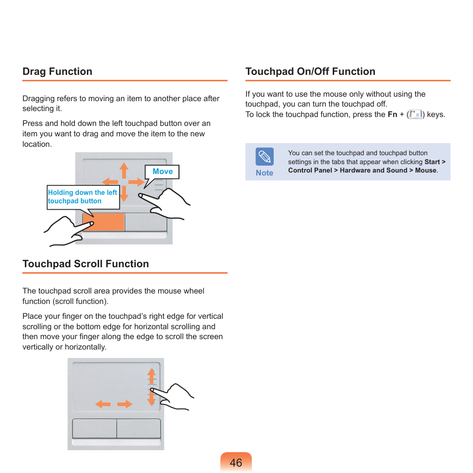 Drag function, Touchpad scroll function, Touchpad on/off function | Samsung X65 User Manual | Page 47 / 195