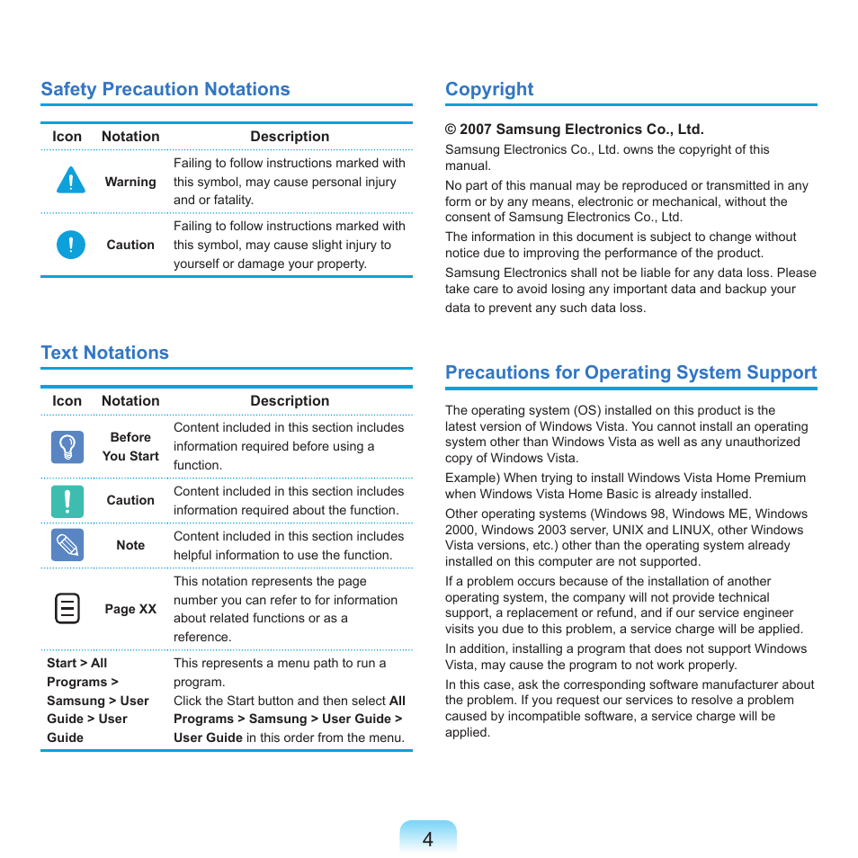Safety precaution notations, Text notations, Copyright | Precautions for operating system support | Samsung X65 User Manual | Page 5 / 195