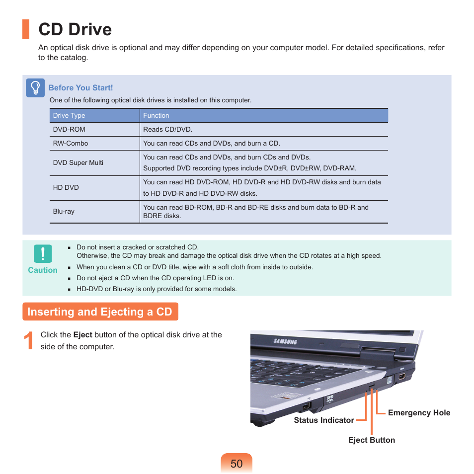 Cd drive, Inserting and ejecting a cd | Samsung X65 User Manual | Page 51 / 195