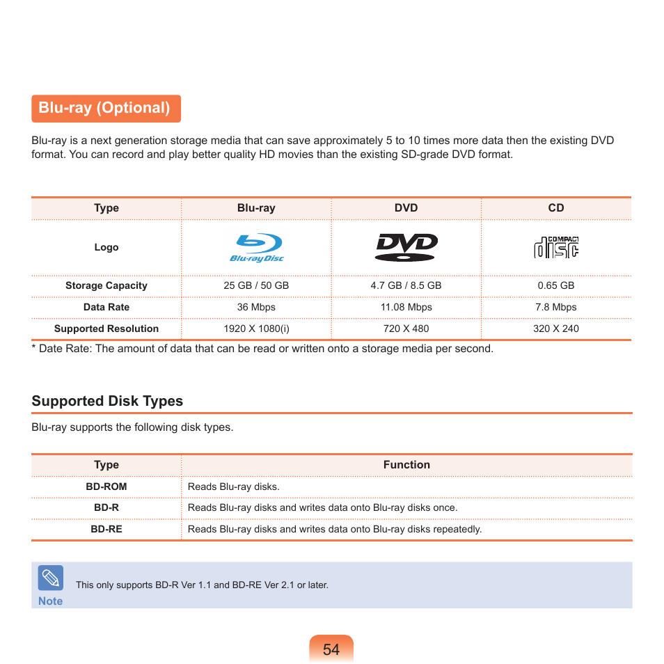Blu-ray (optional), Supported disk types | Samsung X65 User Manual | Page 55 / 195