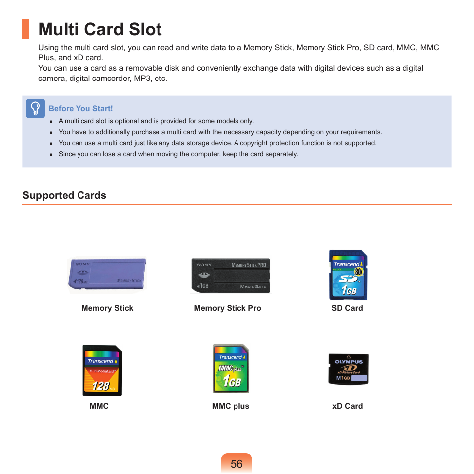 Multi card slot, Supported cards | Samsung X65 User Manual | Page 57 / 195