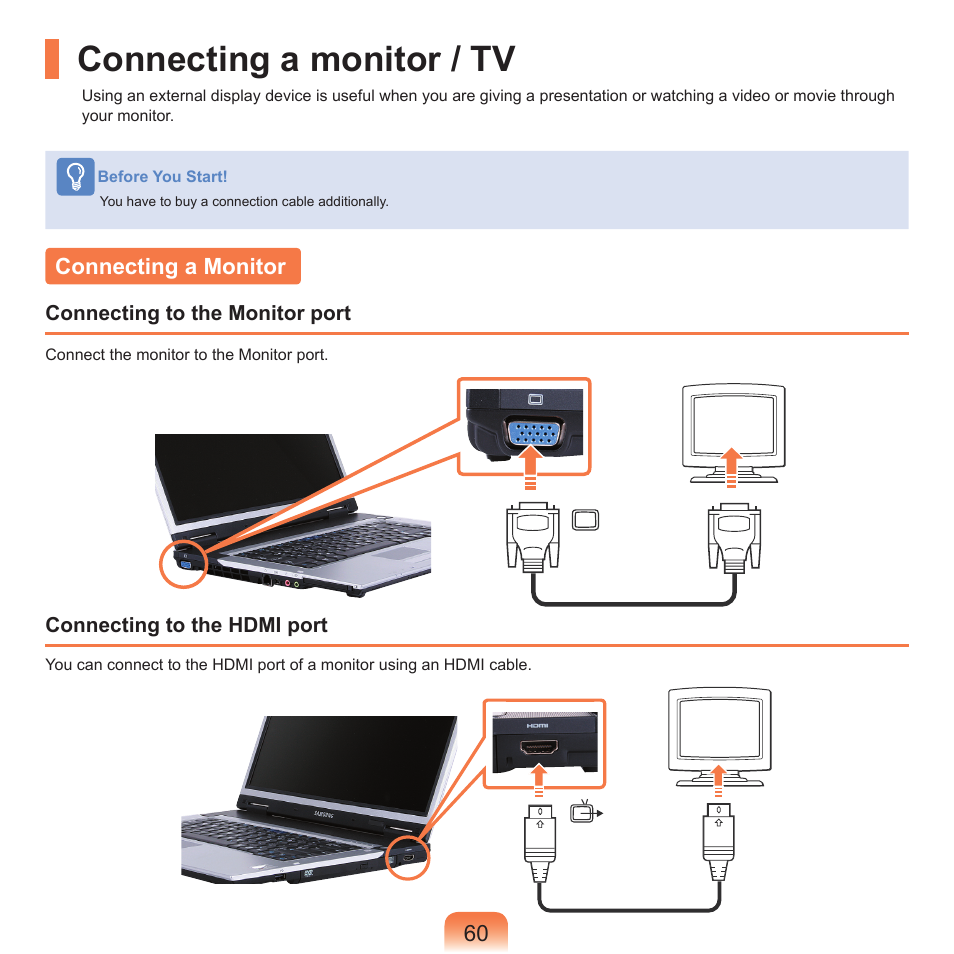 Connecting a monitor / tv, Connecting a monitor | Samsung X65 User Manual | Page 61 / 195