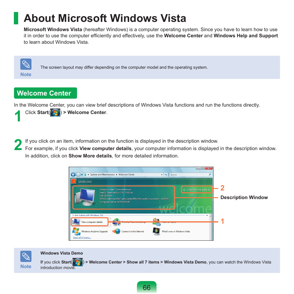 About microsoft windows vista, Welcome center | Samsung X65 User Manual | Page 67 / 195