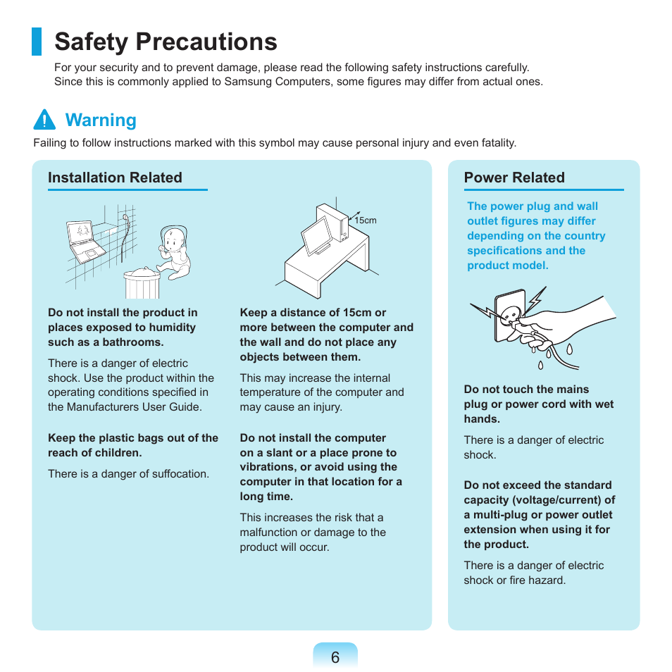 Safety precautions, Warning | Samsung X65 User Manual | Page 7 / 195