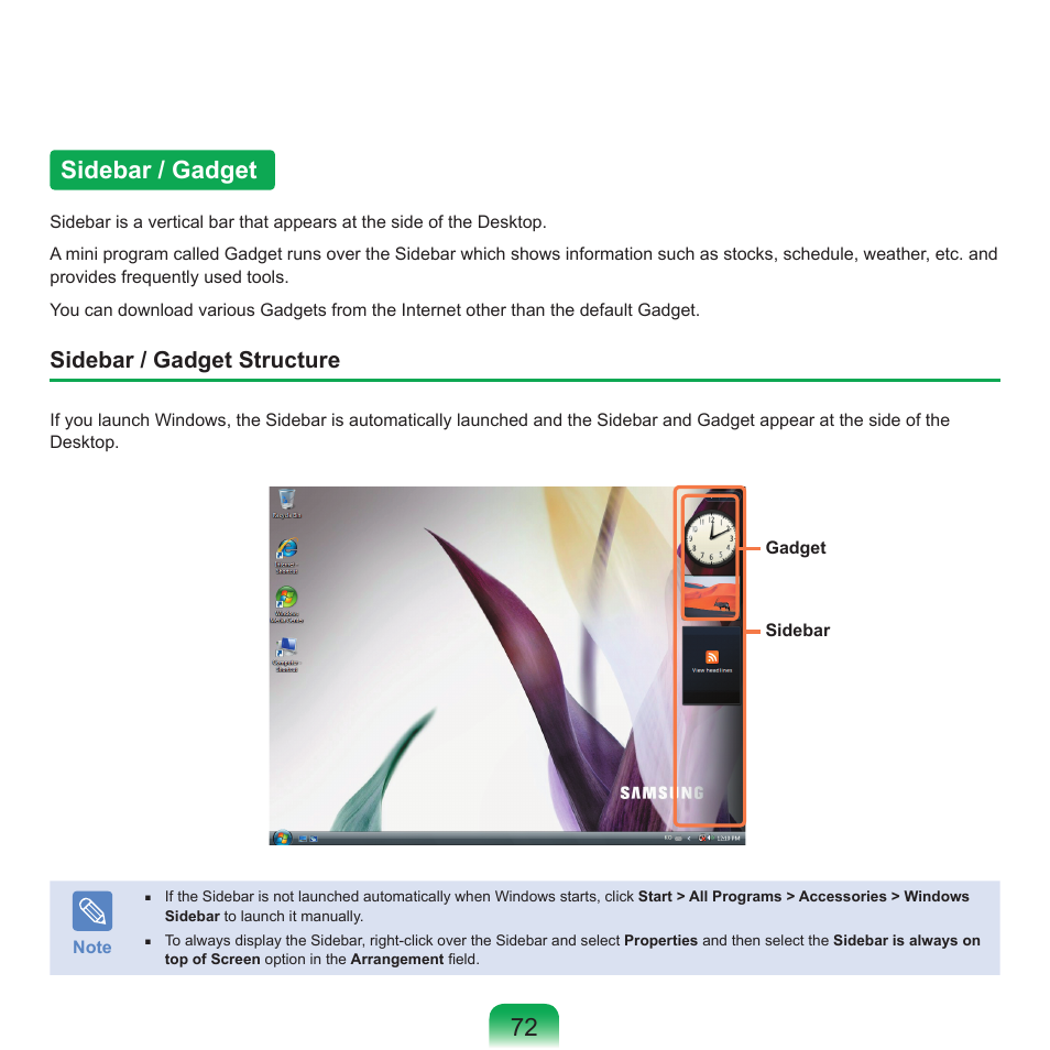 Sidebar / gadget, 72 sidebar / gadget, Sidebar / gadget structure | Samsung X65 User Manual | Page 73 / 195