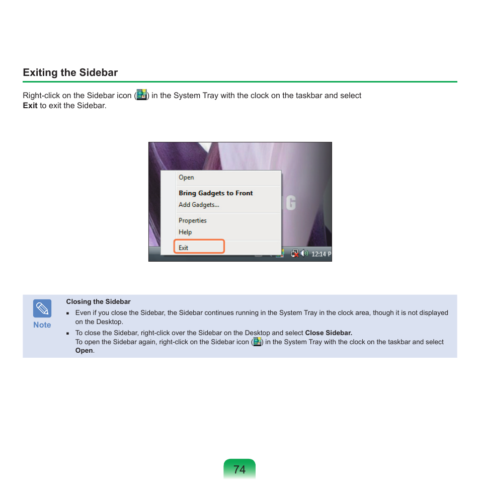 Exiting the sidebar | Samsung X65 User Manual | Page 75 / 195