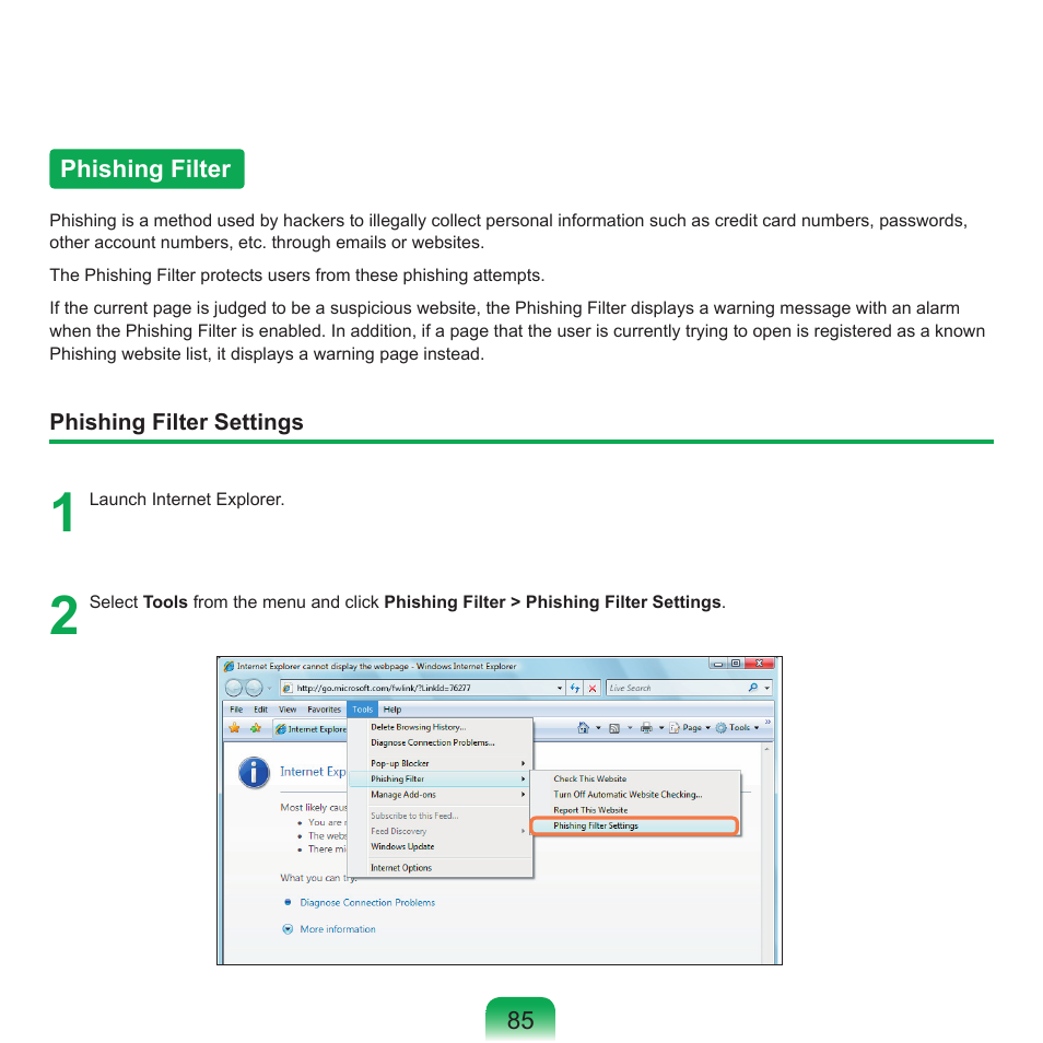 Phishing filter | Samsung X65 User Manual | Page 86 / 195
