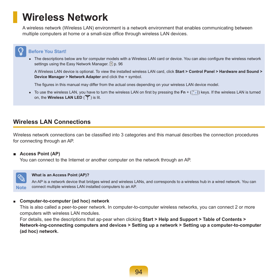 Wireless network, Wireless lan connections | Samsung X65 User Manual | Page 95 / 195