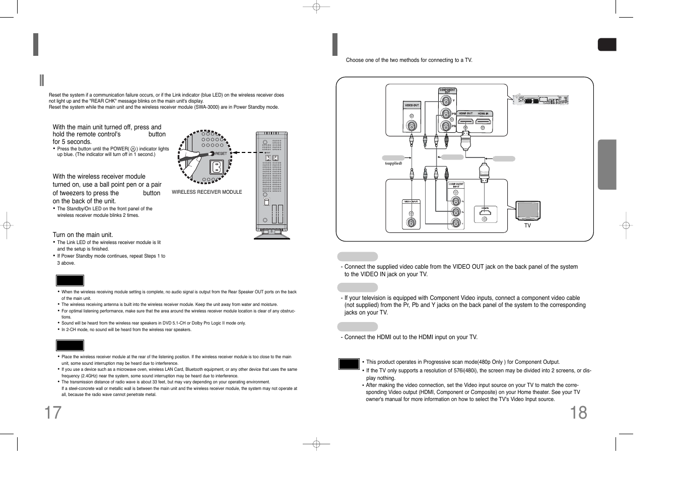 Connecting the video out to tv, Resetting wireless communication | Samsung HT-Q80 HT-TQ85 User Manual | Page 10 / 44