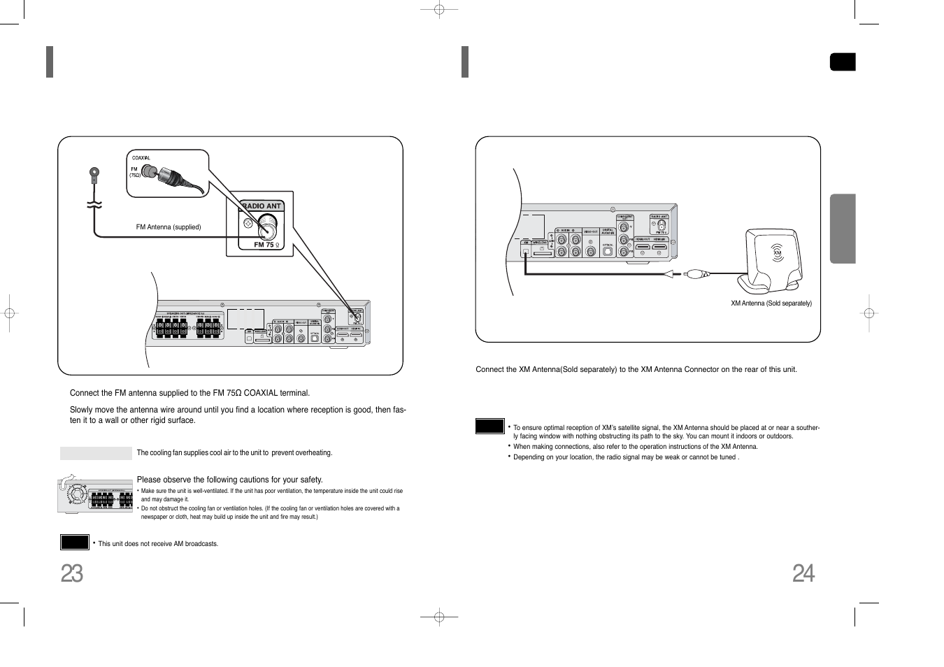 Connecting the fm antenna, Connecting an optional xm satellite radio antenna | Samsung HT-Q80 HT-TQ85 User Manual | Page 13 / 44