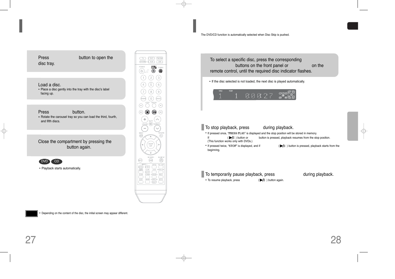 Disc playback, Selecting a disc in the disc changer, 27 disc playback | Samsung HT-Q80 HT-TQ85 User Manual | Page 15 / 44