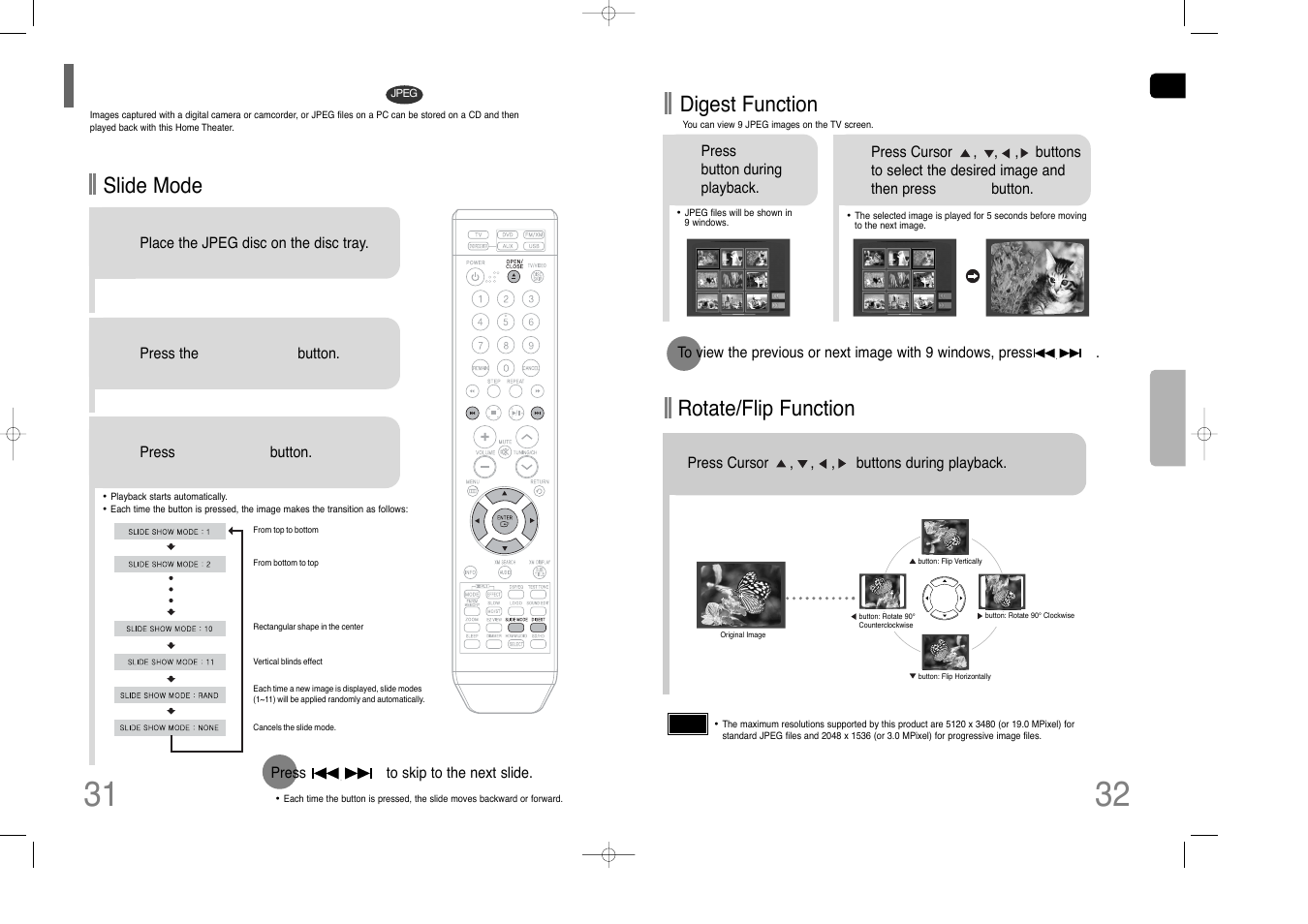 Jpeg file playback, Rotate/flip function, Digest function | Slide mode | Samsung HT-Q80 HT-TQ85 User Manual | Page 17 / 44