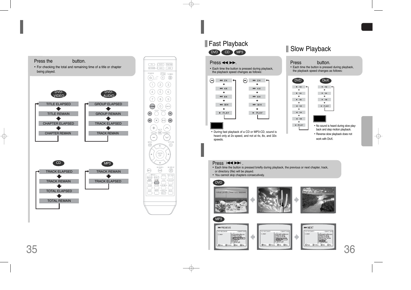 Checking the remaining time, Fast/slow playback, Fast/slow playback skipping scenes/songs | Fast playback, Slow playback | Samsung HT-Q80 HT-TQ85 User Manual | Page 19 / 44