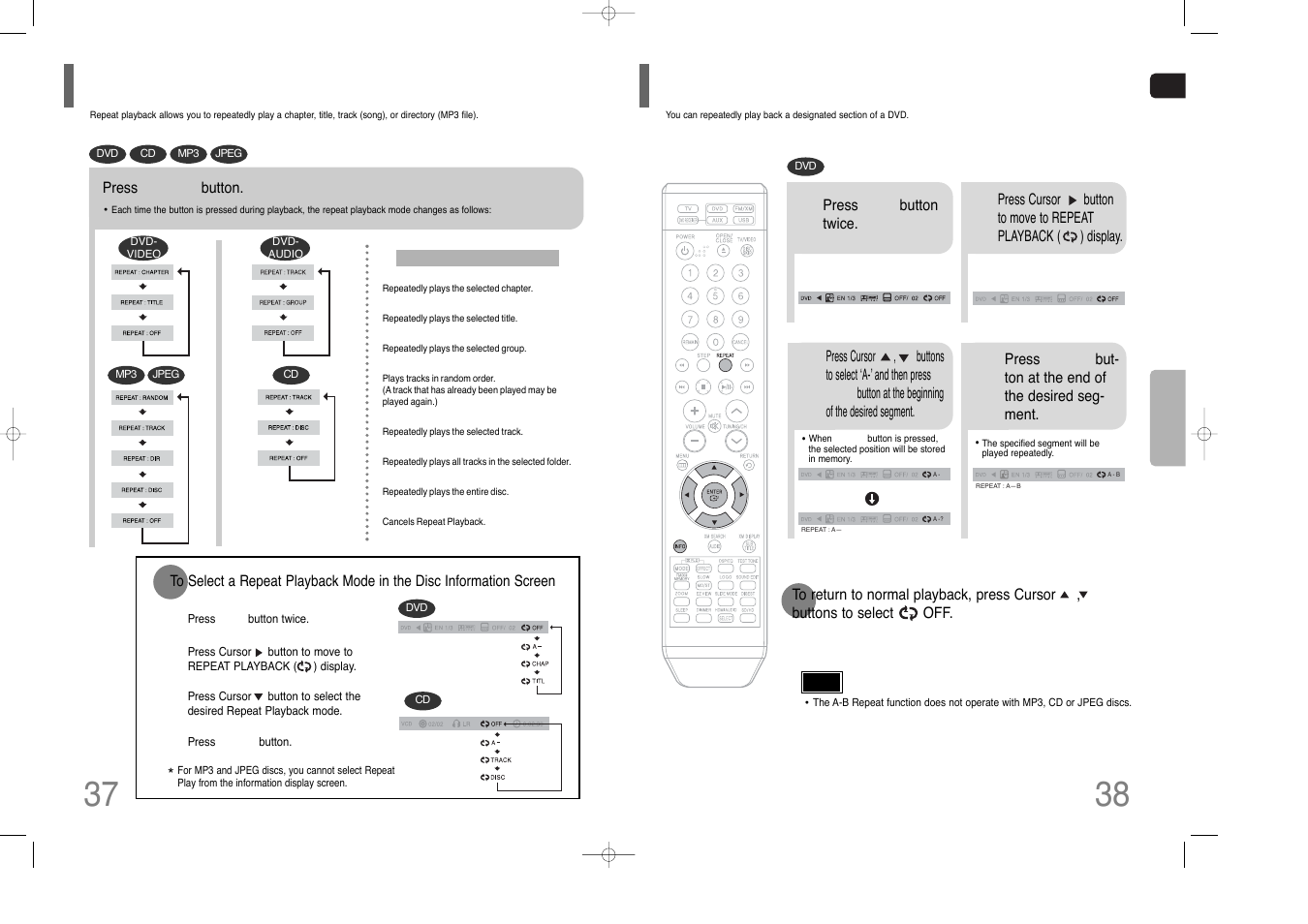 Repeat playback, A-b repeat playback, Repeat playback a-b repeat playback | Samsung HT-Q80 HT-TQ85 User Manual | Page 20 / 44