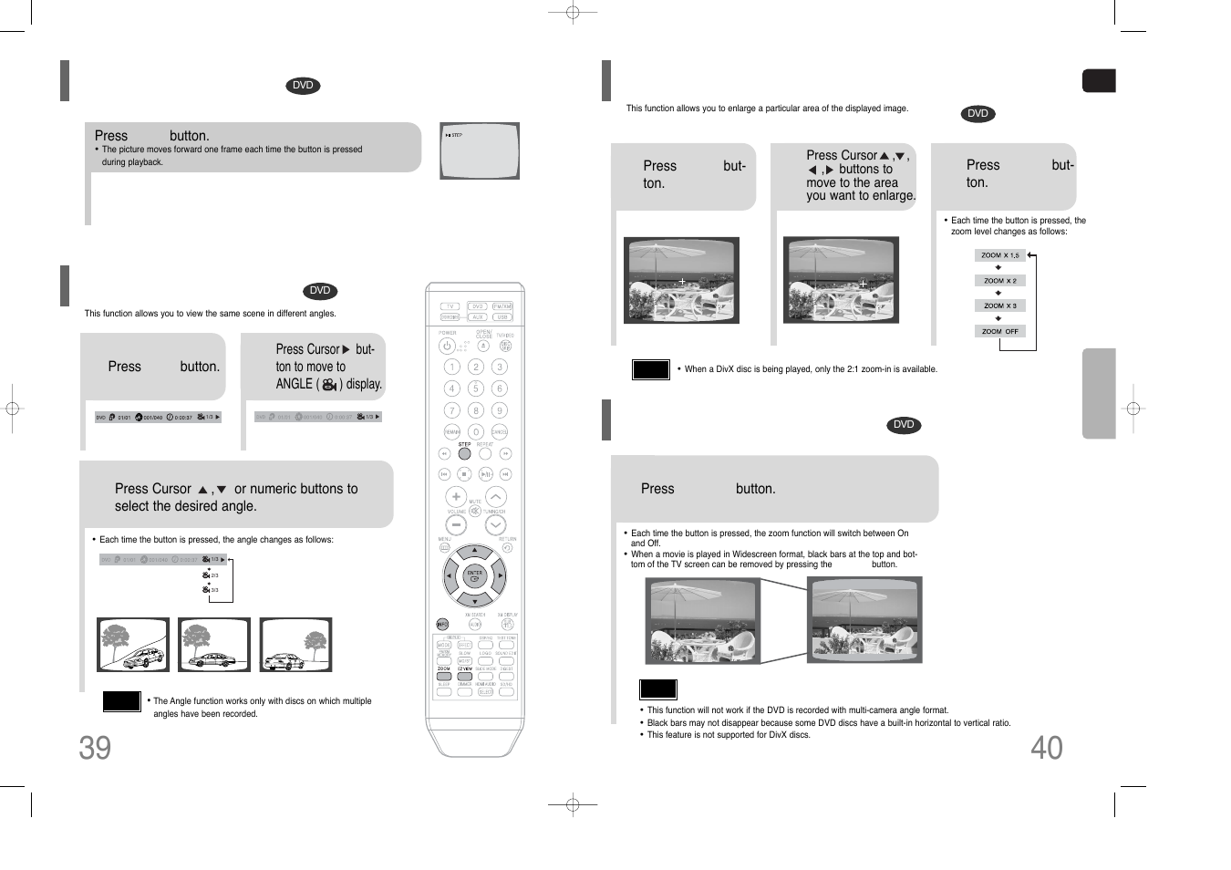 Step function, Zoom (screen enlarge) function, Zoom (screen enlarge) function ez view function | Angle function | Samsung HT-Q80 HT-TQ85 User Manual | Page 21 / 44