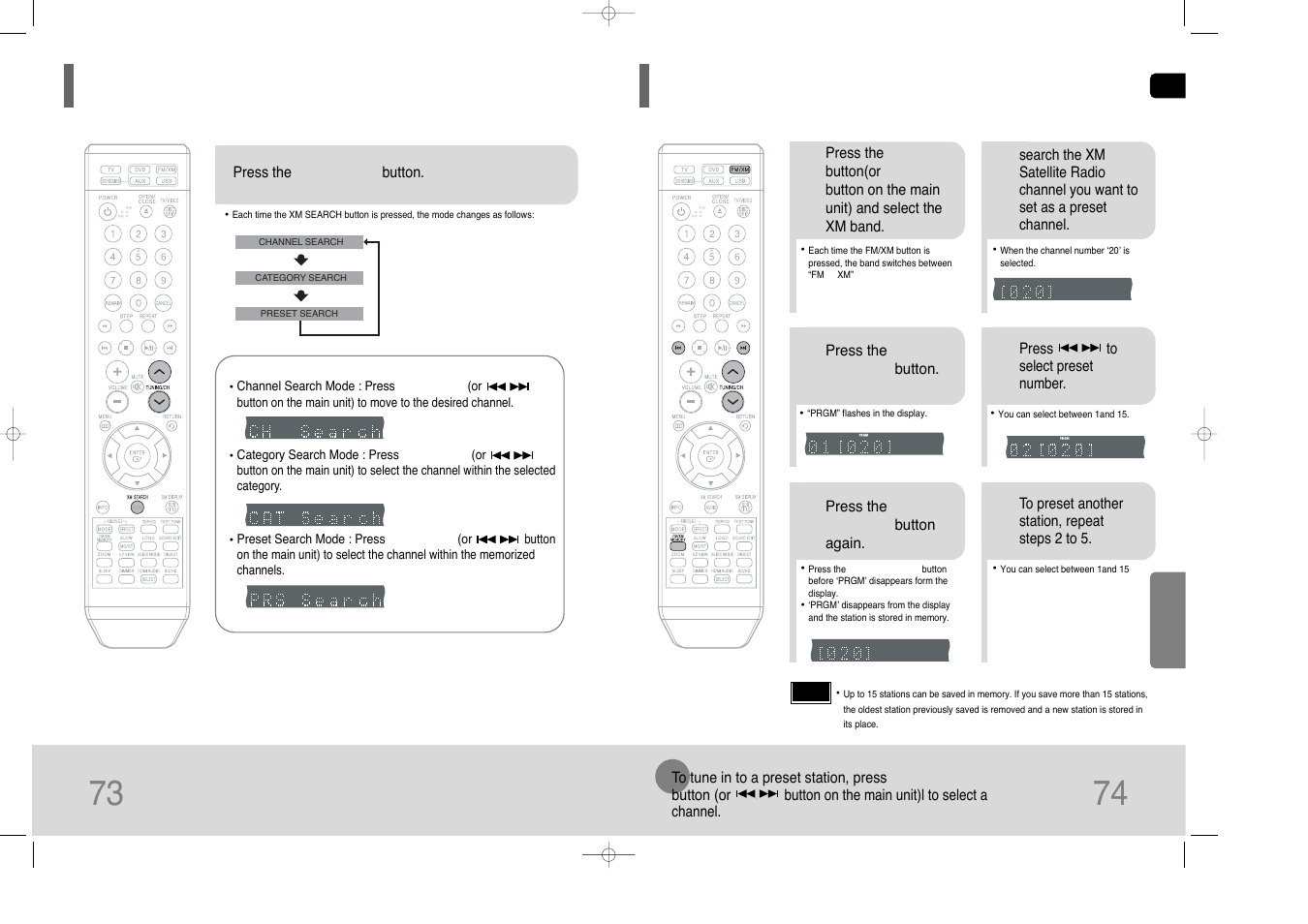 Convenient functions, 73 xm search mode, Presetting xm satellite radio | Samsung HT-Q80 HT-TQ85 User Manual | Page 38 / 44