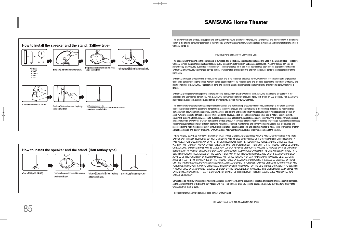 Speaker installation, Samsung home theater | Samsung HT-Q80 HT-TQ85 User Manual | Page 44 / 44