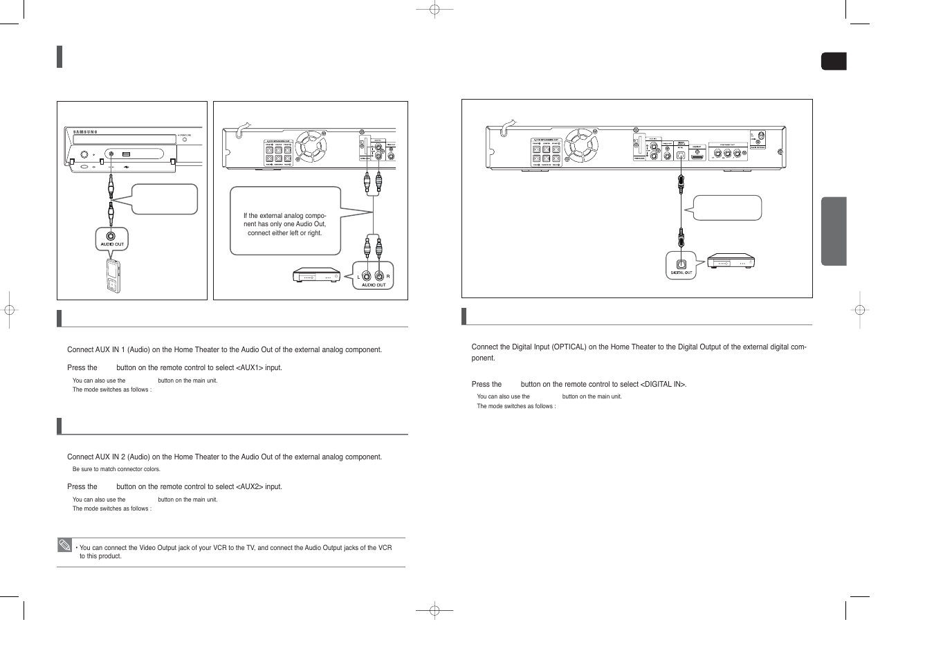 Connecting audio from external components, Aux2 : connecting an external analog component, Aux1 : connecting an external analog component | Optical : connecting an external digital component | Samsung HT-X40 User Manual | Page 10 / 33