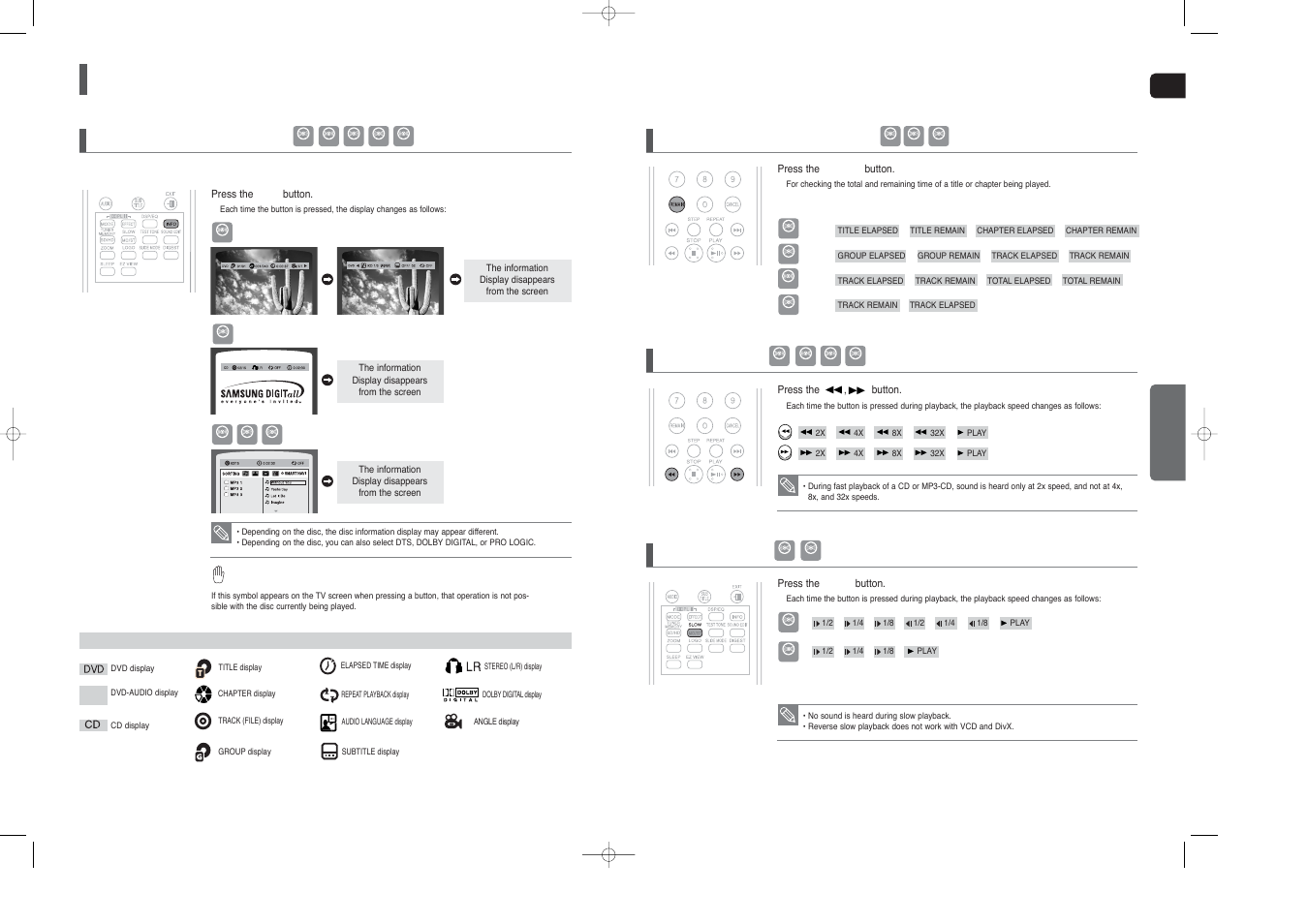Using the playback function, Displaying disc information, Checking the remaining time | Fast playback, Slow playback, Eng opera tion | Samsung HT-X40 User Manual | Page 15 / 33