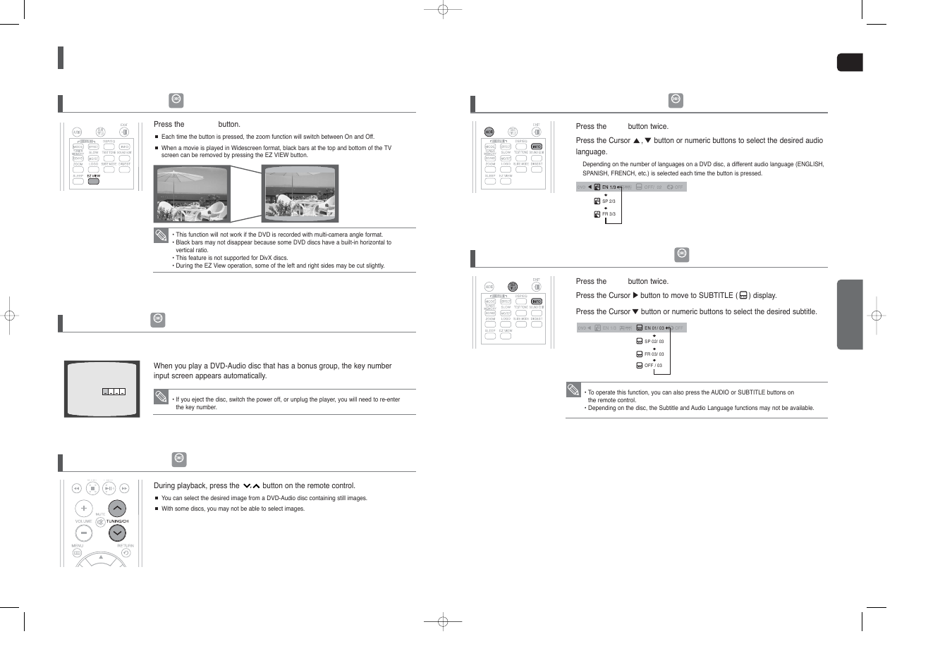 Using the playback function, Con’t), Ez view function | Audio language selection function, Subtitle language selection function, Bonus group, Navigating pages | Samsung HT-X40 User Manual | Page 18 / 33