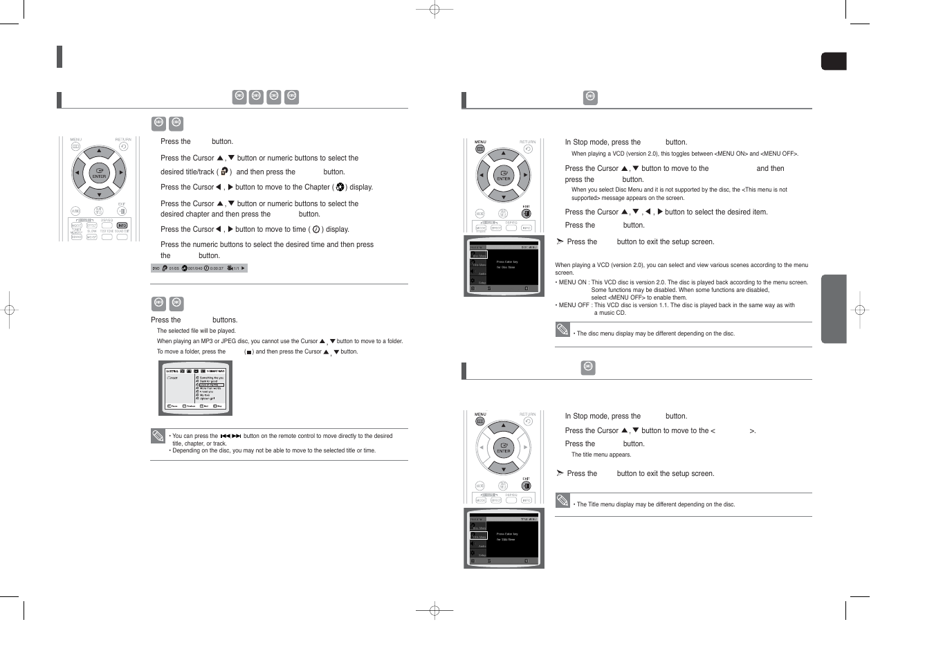Using the playback function, Con’t), Using the disc menu using the title menu | Moving directly to a scene/song | Samsung HT-X40 User Manual | Page 19 / 33