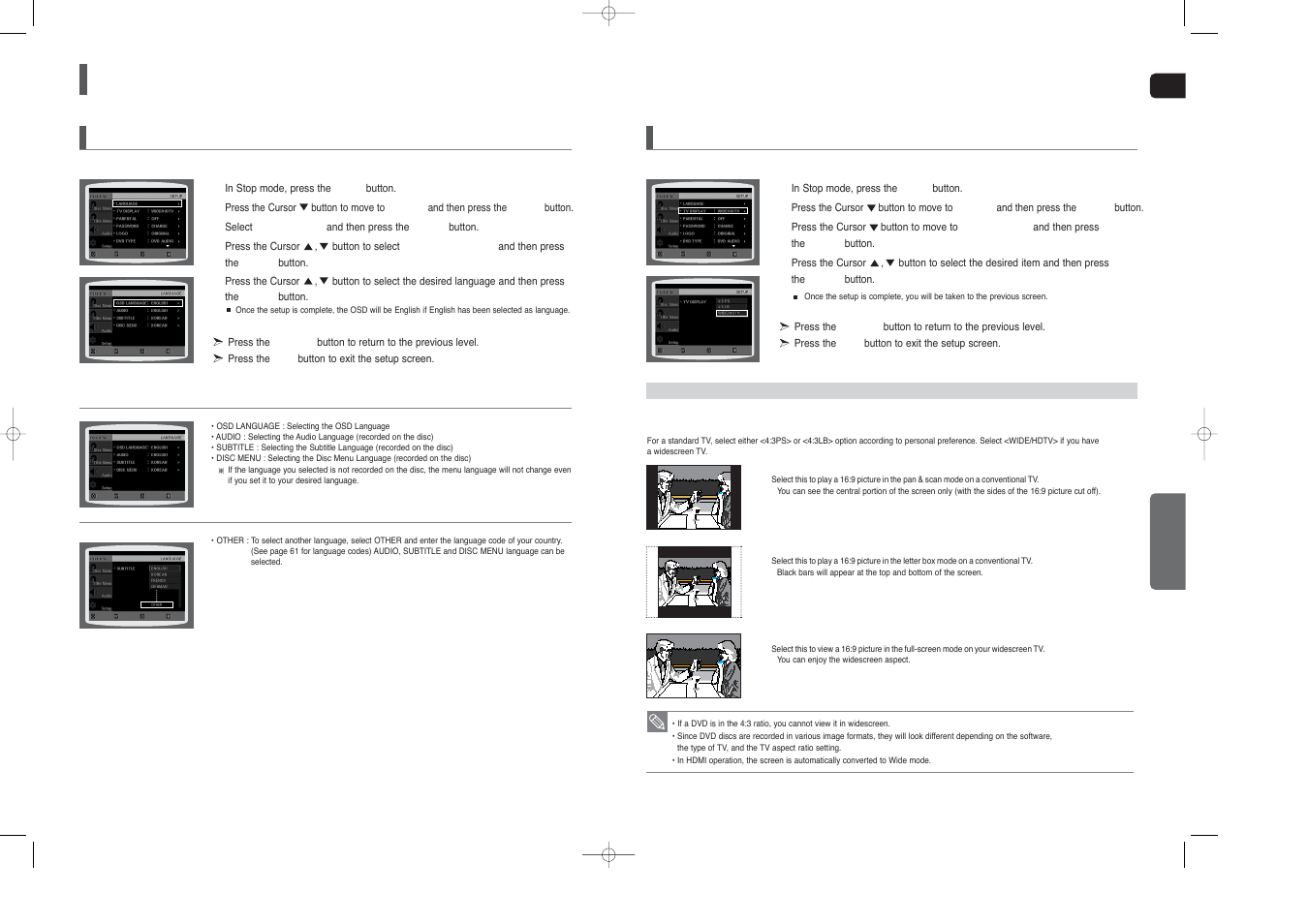 Settings, Setting the language, Setting tv screen type | Samsung HT-X40 User Manual | Page 21 / 33