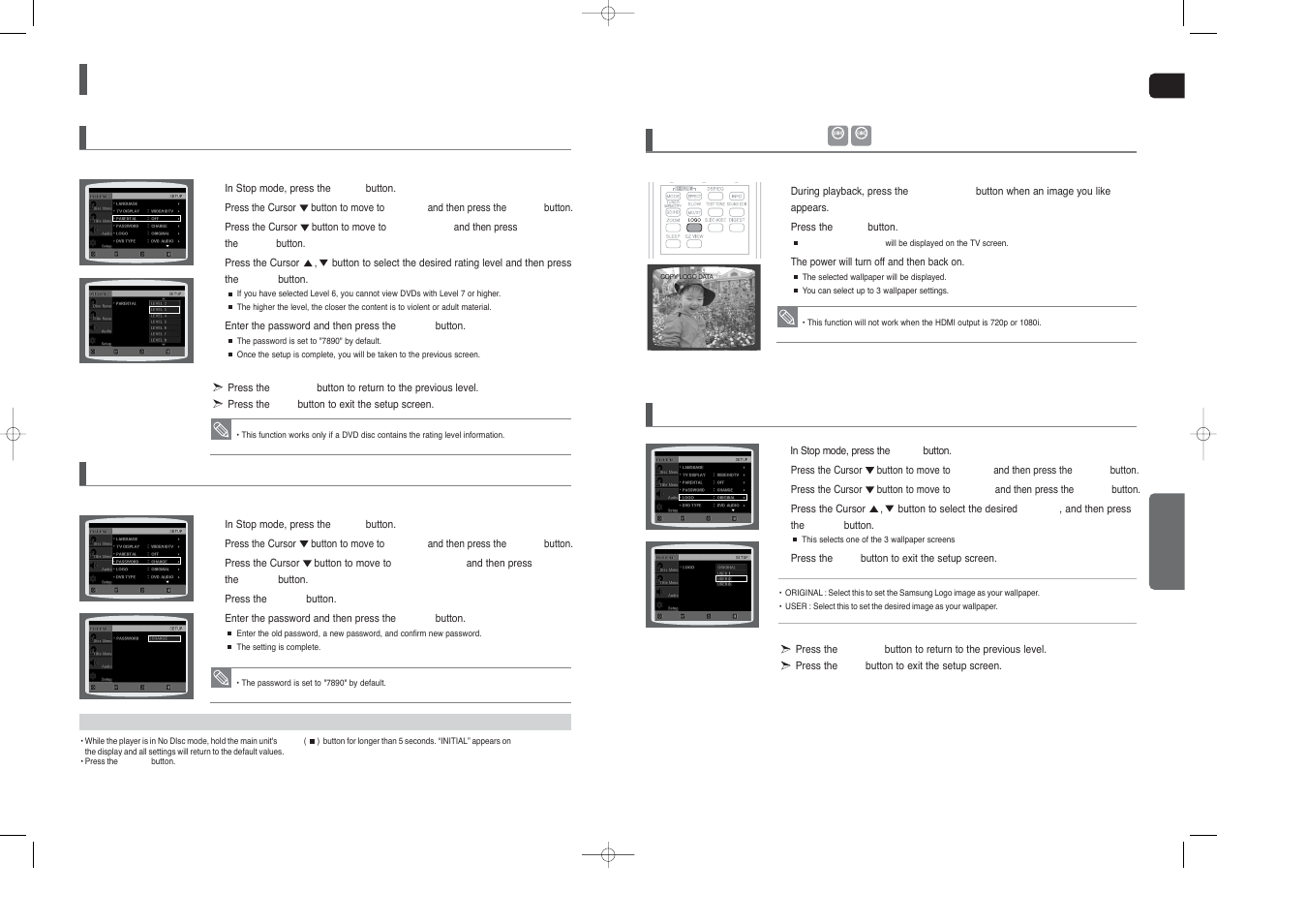 Settings, Con’t), Setting parental controls (rating level) | Setting the password | Samsung HT-X40 User Manual | Page 22 / 33
