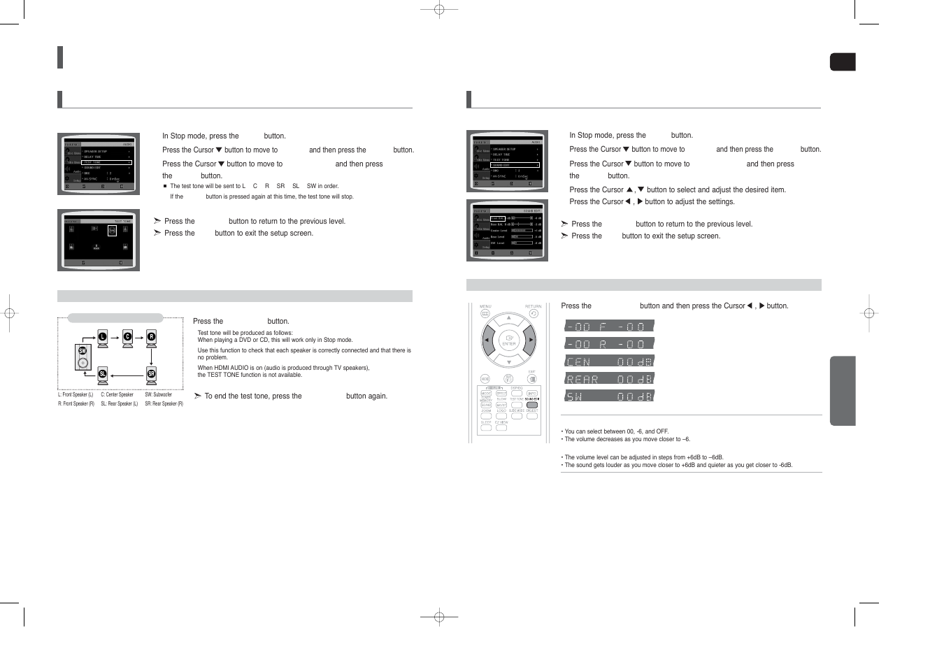Settings, Con’t), Setting the audio | Setting the test tone | Samsung HT-X40 User Manual | Page 24 / 33