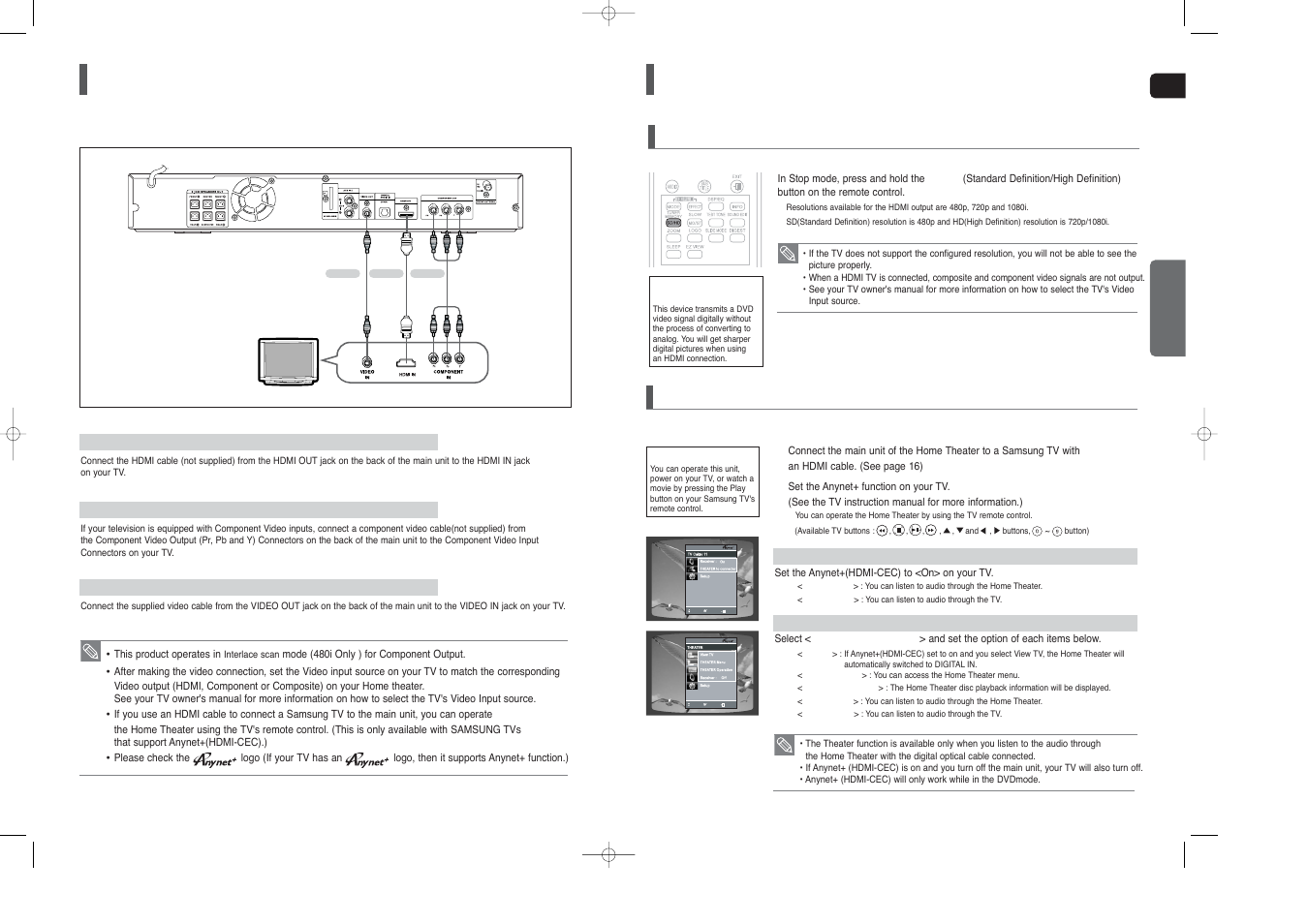 Connecting the video out to your tv, Hdmi function, Resolution selection | Using anynet+(hdmi-cec) | Samsung HT-X40 User Manual | Page 9 / 33