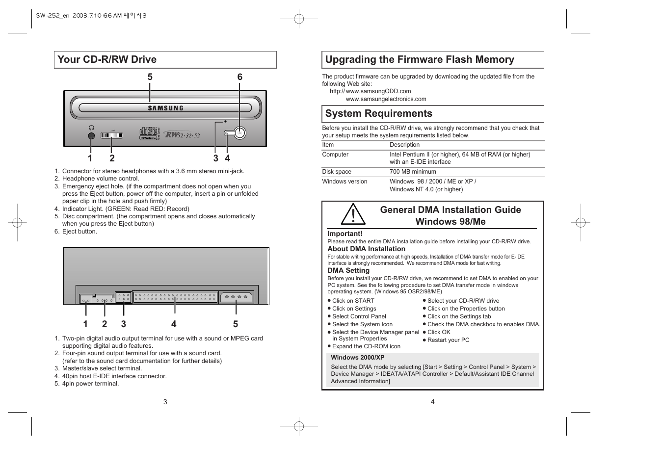 System requirements, Your cd-r/rw drive, General dma installation guide windows 98/me | Samsung SW-252 User Manual | Page 2 / 8