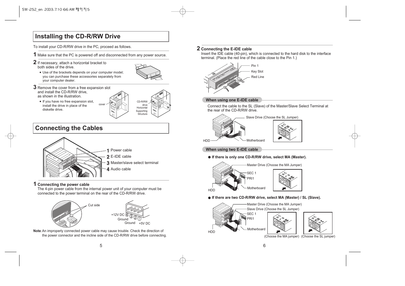 Installing the cd-r/rw drive connecting the cables | Samsung SW-252 User Manual | Page 3 / 8