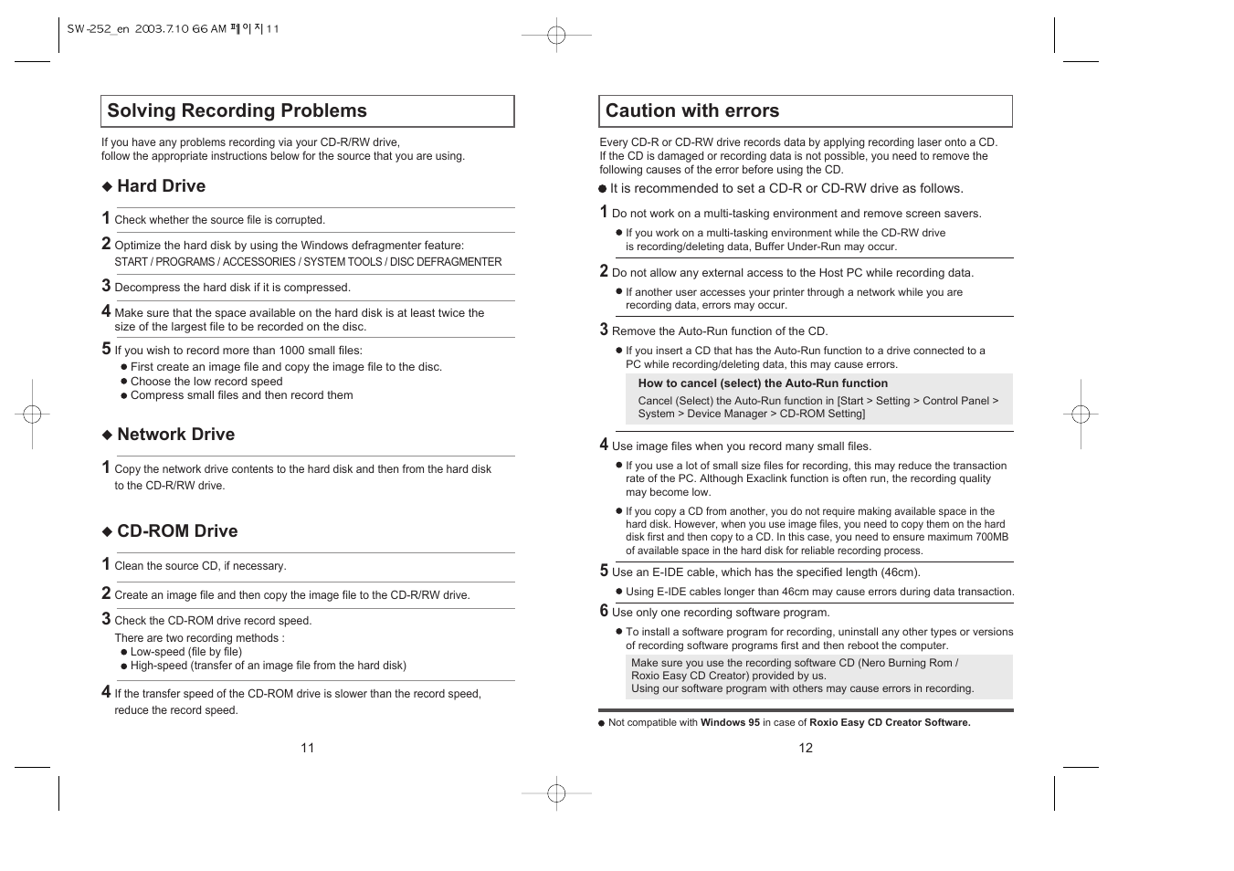 Caution with errors, Solving recording problems | Samsung SW-252 User Manual | Page 6 / 8