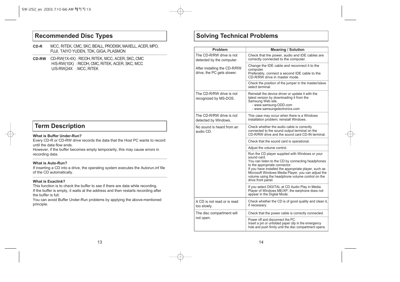 Solving technical problems, Recommended disc types, Term description | Samsung SW-252 User Manual | Page 7 / 8