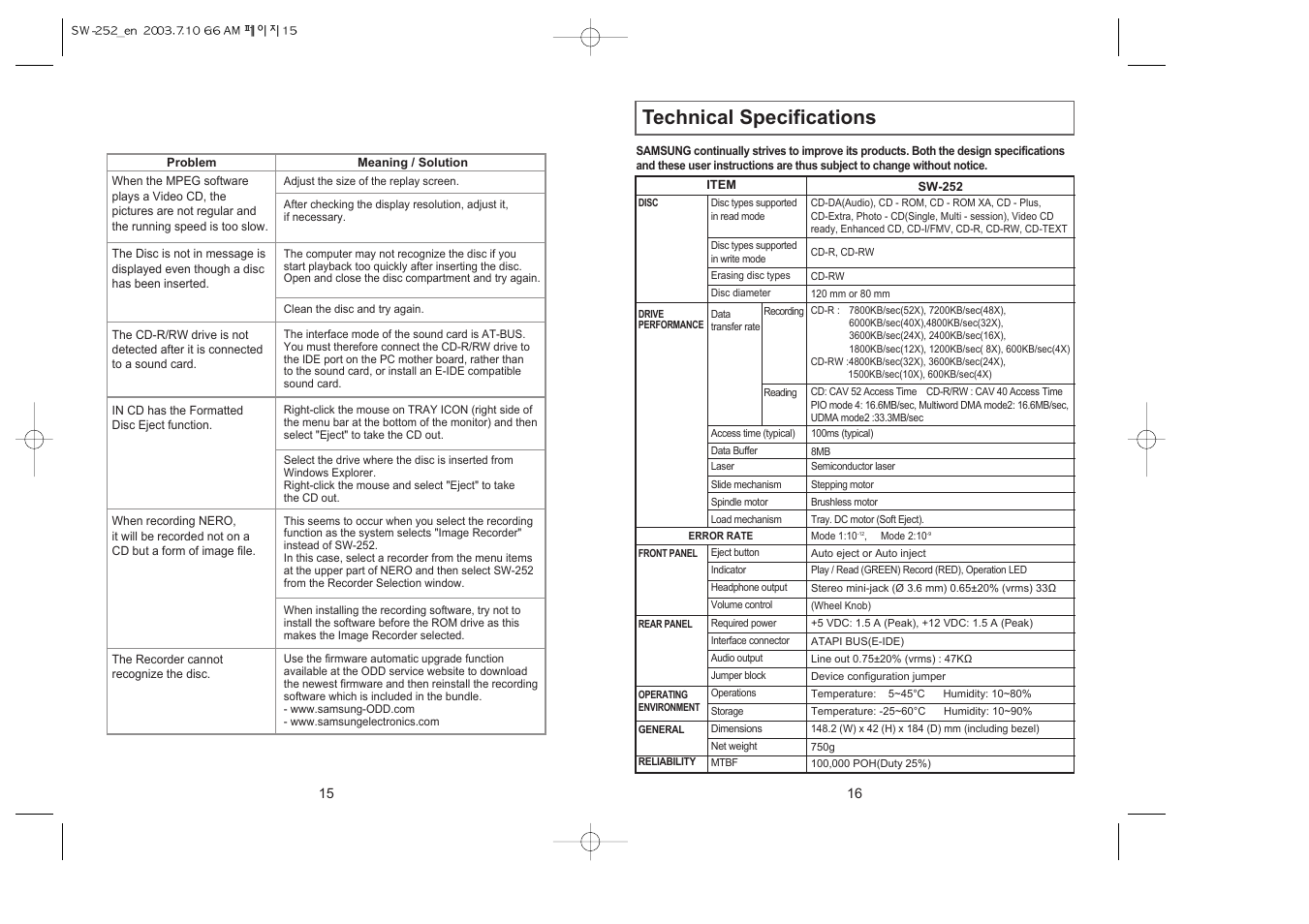 Technical specifications | Samsung SW-252 User Manual | Page 8 / 8