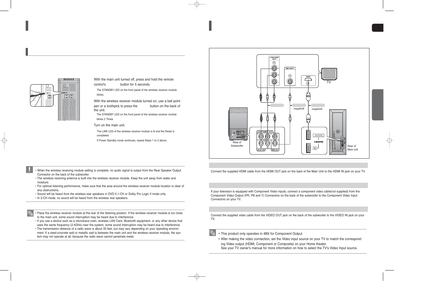 Connecting the video out to your tv, Connecting the wireless receiving amplifier, Con’t) | Samsung AH68-01959S User Manual | Page 10 / 36