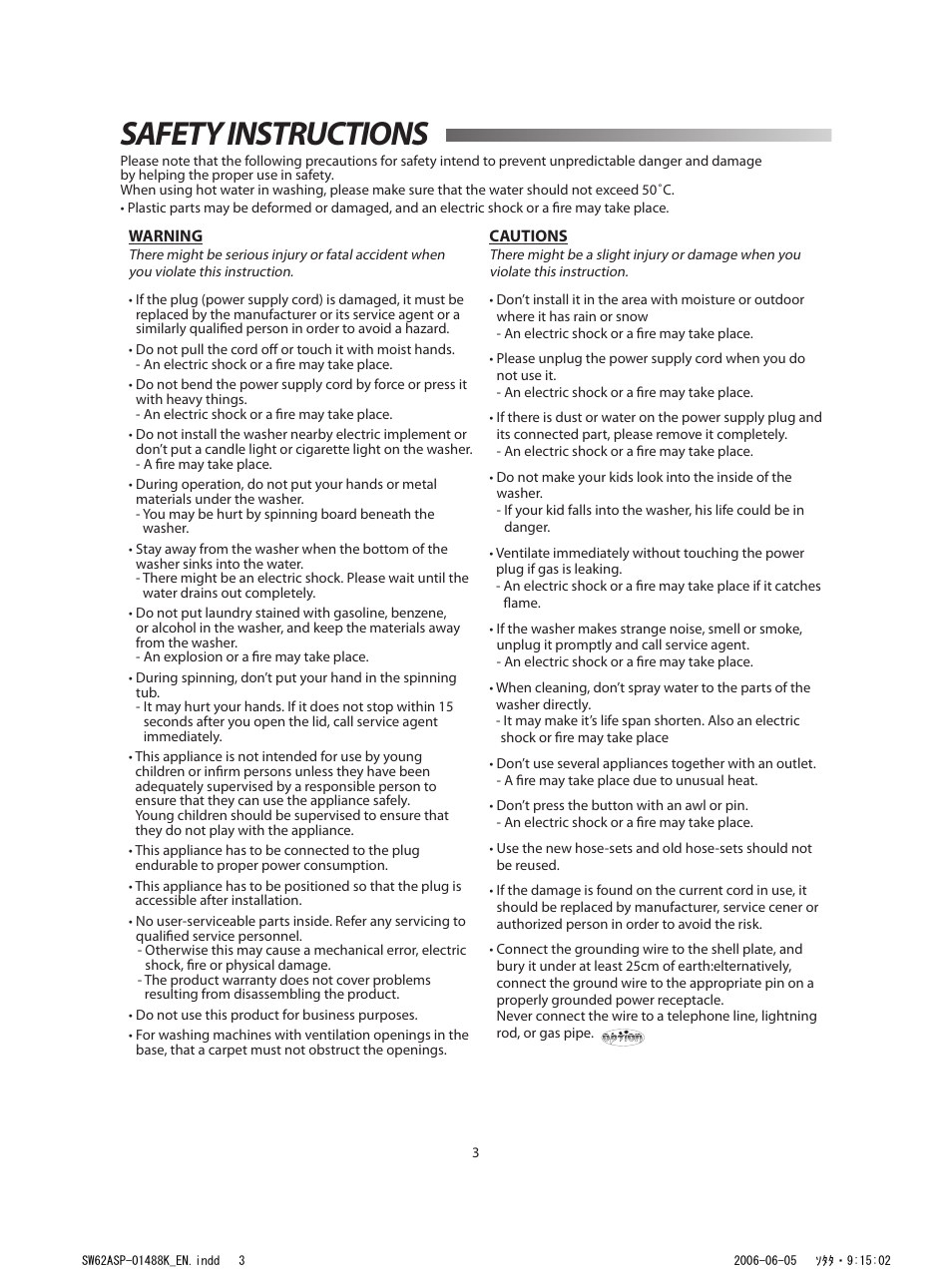 Installation & maintenance, Safety instructions | Samsung SW52ASP User Manual | Page 4 / 12