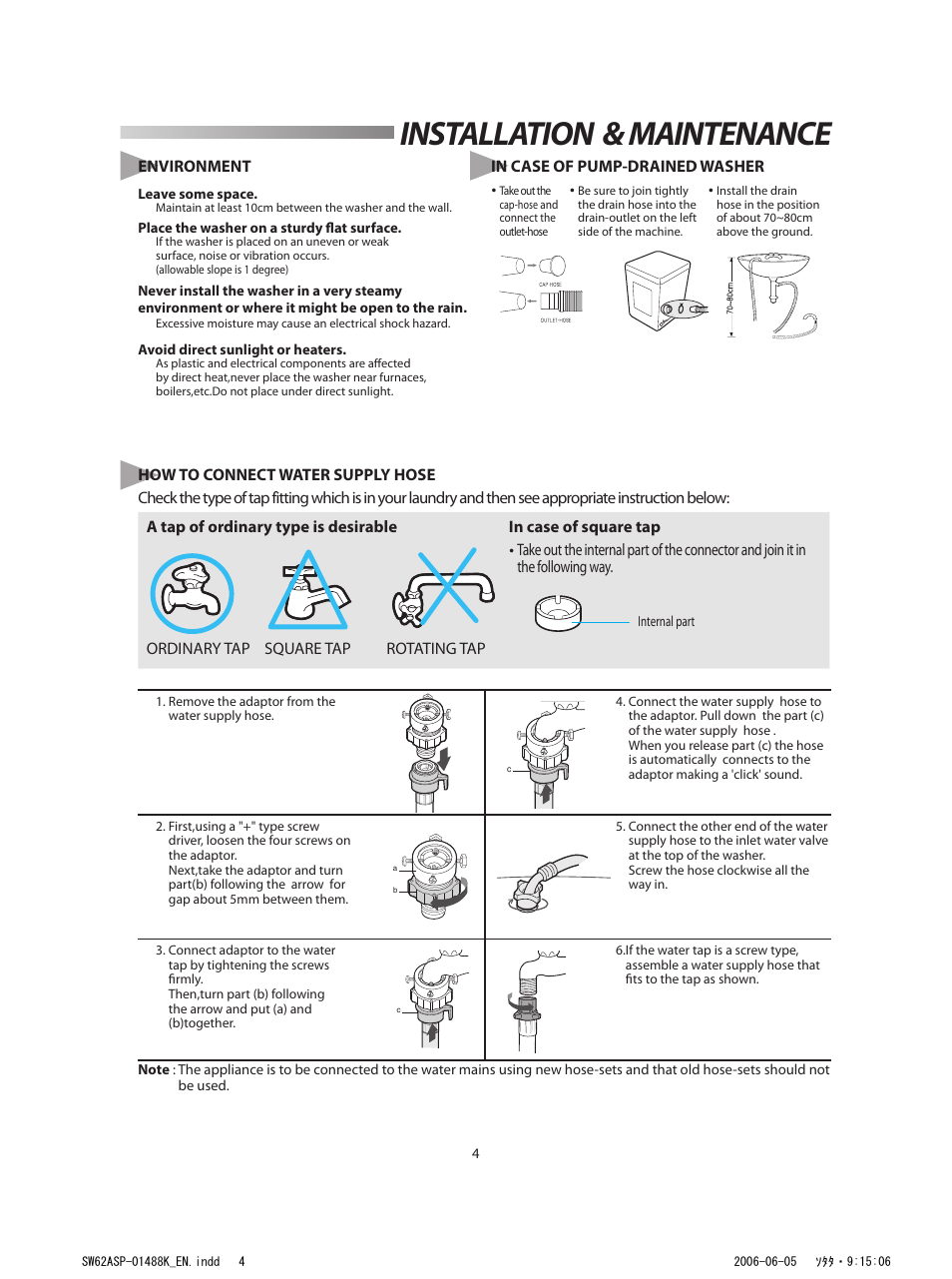 Washing instruction, Installation & maintenance | Samsung SW52ASP User Manual | Page 5 / 12