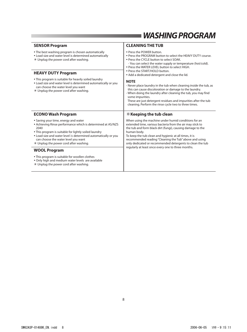 Optional cycle, Washing program | Samsung SW52ASP User Manual | Page 9 / 12