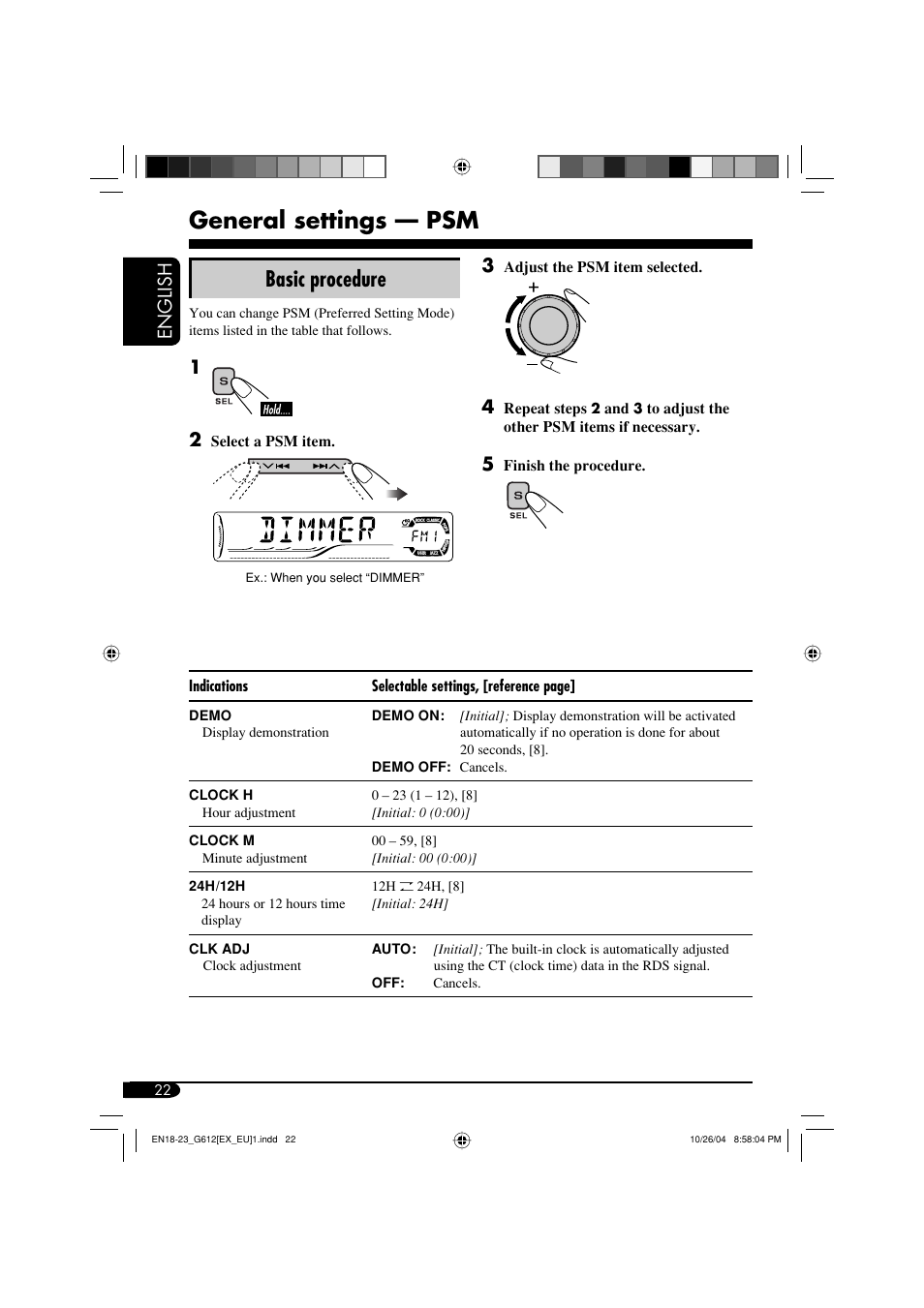 General settings — psm, Basic procedure, English | JVC KD-G511 User Manual | Page 22 / 111