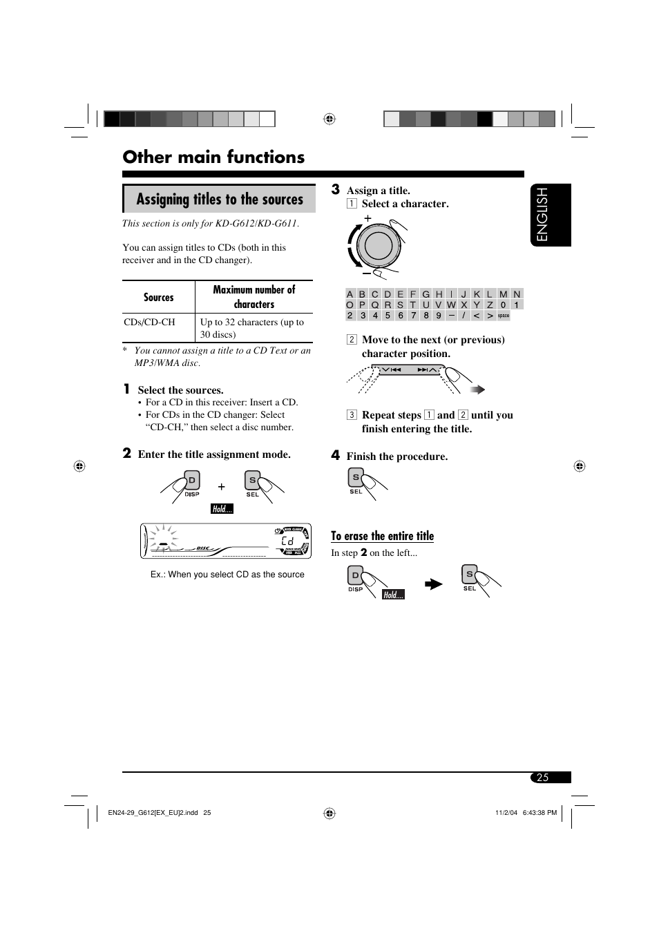 Other main functions, Assigning titles to the sources, English | JVC KD-G511 User Manual | Page 25 / 111