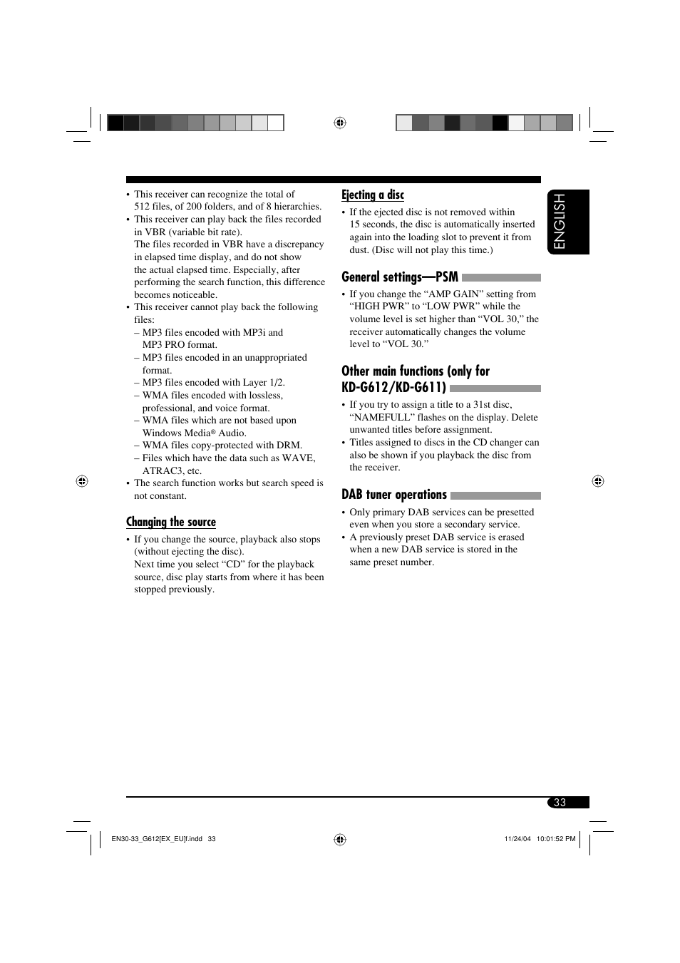 English, General settings—psm, Dab tuner operations | JVC KD-G511 User Manual | Page 33 / 111