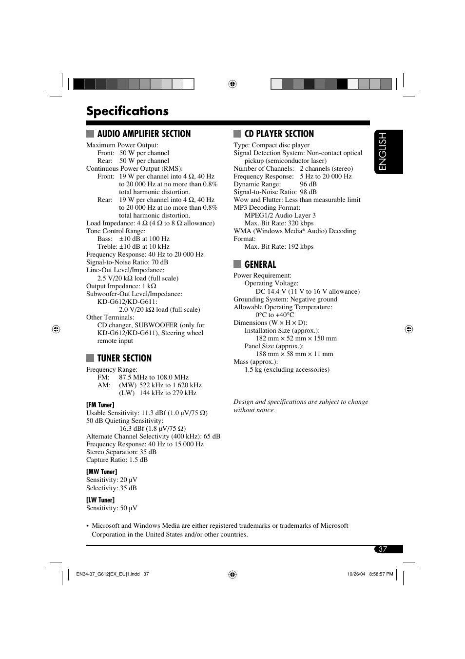 Specifications, English, General | JVC KD-G511 User Manual | Page 37 / 111