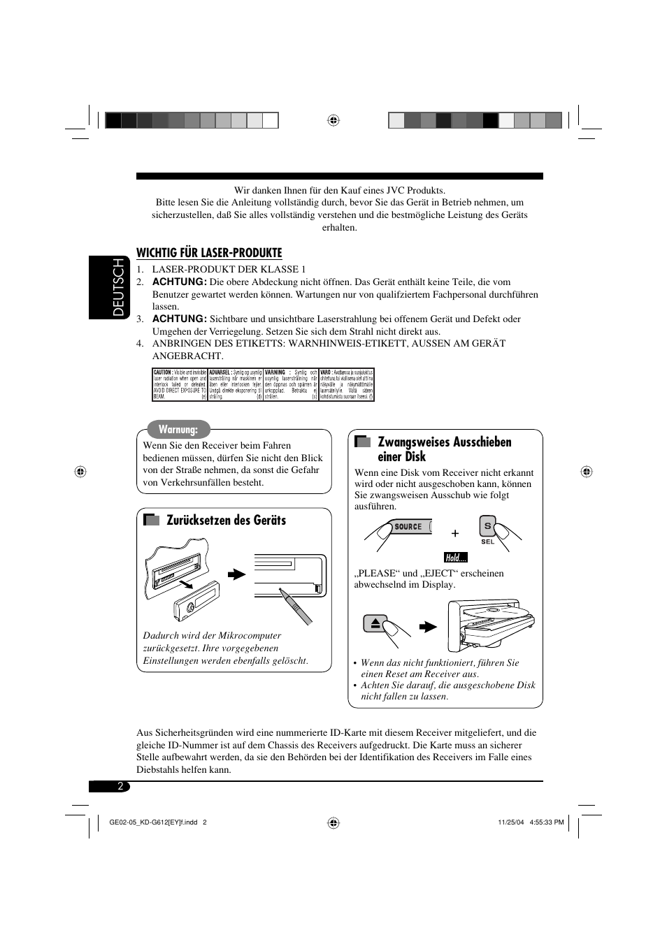 Deutsch, Zwangsweises ausschieben einer disk, Zurücksetzen des geräts | JVC KD-G511 User Manual | Page 38 / 111