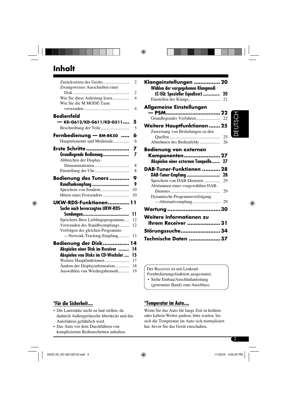 Inhalt, Deutsch | JVC KD-G511 User Manual | Page 39 / 111